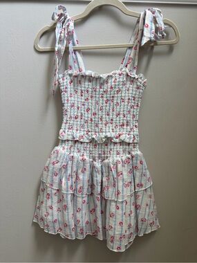 Girls Katie J NYC White Smocked Dress with Pink Floral Print Sz L-12